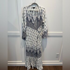 Anthropologie SAACHI White Maxi Wrap Dress with Navy Paisley Print